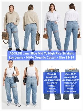 AGOLDE Lana Slice Mid To High Rise Slouchy Fit Straight Leg Jeans Size 32-34